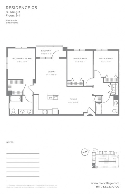 P2 - 3BR 2BA (1396 SF) Floor Plan at Pier Village Apartments, New Jersey, 07740